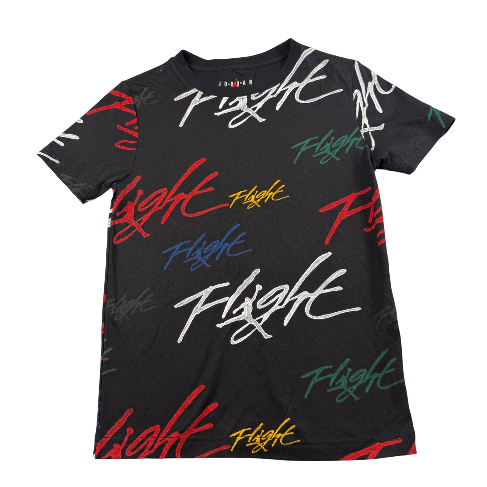 Jordan T-Shirt Kids Small 8/10 Black Flight Script All Over Print Short Sleeve